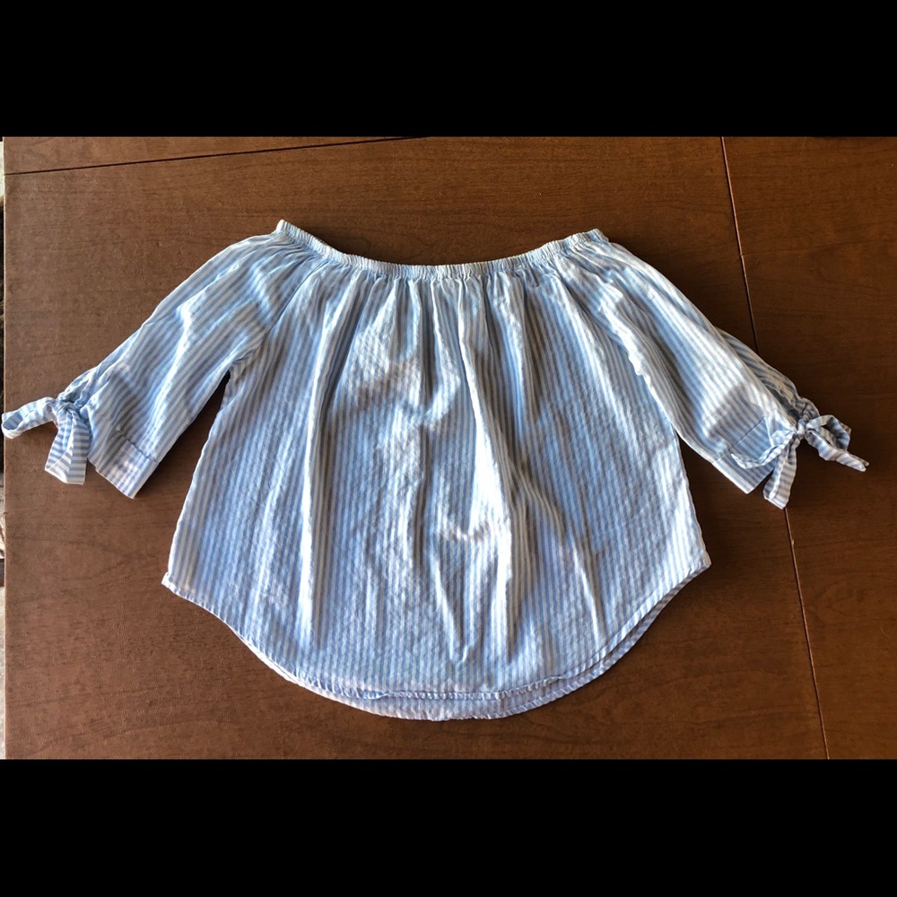 White & Light Blue Strip Off the Shoulder Shirt